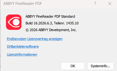ABBYY FineReader PDF Standard mit Build 16.2026.6.3 und Teilenummer 1435.10
