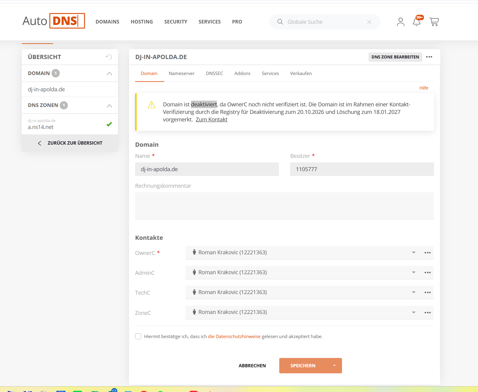 AutoDNS Warnmeldung OwnerC nicht verifiziert
