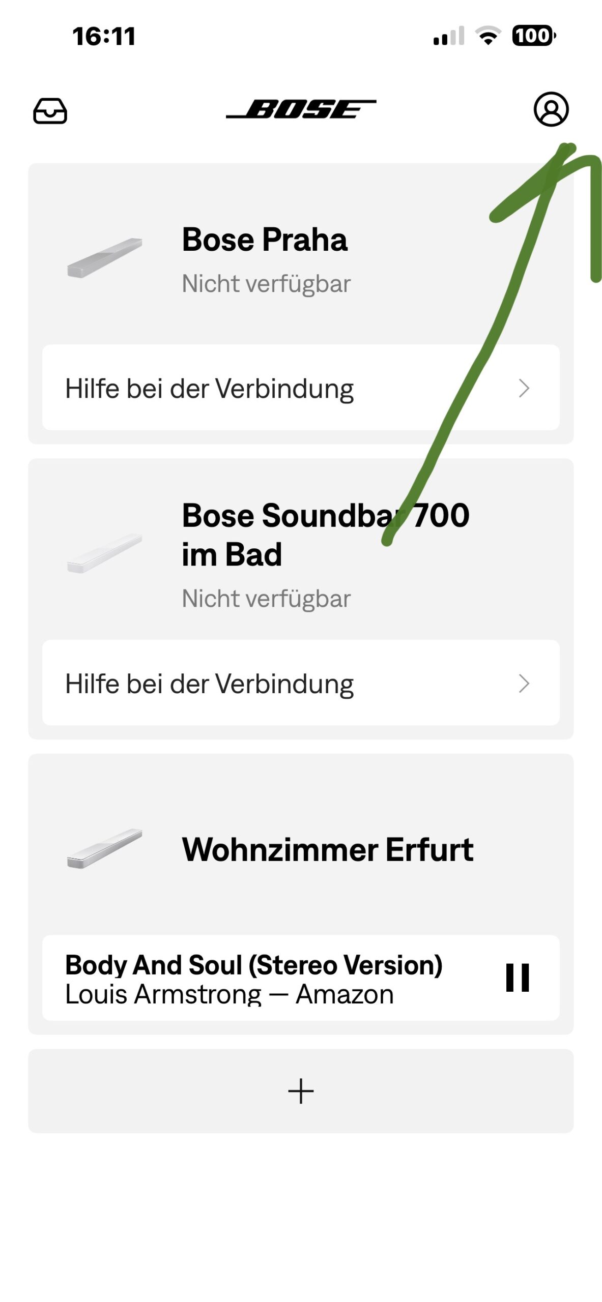 Bose App auf dem iPhone mit nicht verfügbarem Spotify-Musikdienst