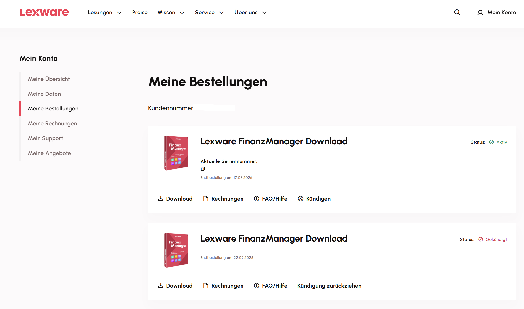 Aktiver und gekündigter FinanzManager-Vertrag in der Bestellübersicht ohne Einstellung zur Zahlungsart.
