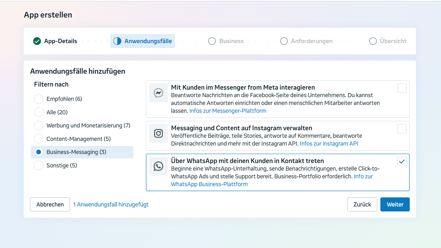WhatsApp als Business-Messaging-Anwendungsfall in Meta auswählen