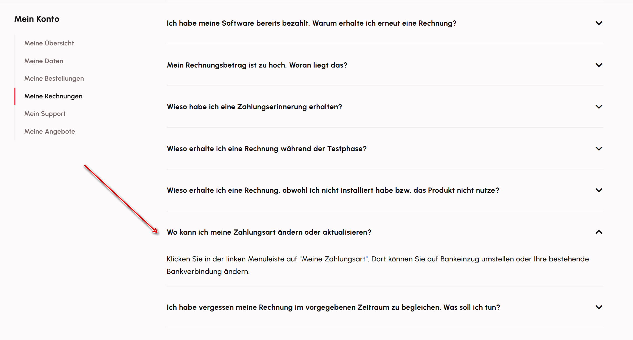 Lexware-Hilfe zur Änderung der Zahlungsart: Die Anleitung nennt Meine Zahlungsart, der Eintrag fehlt jedoch links.