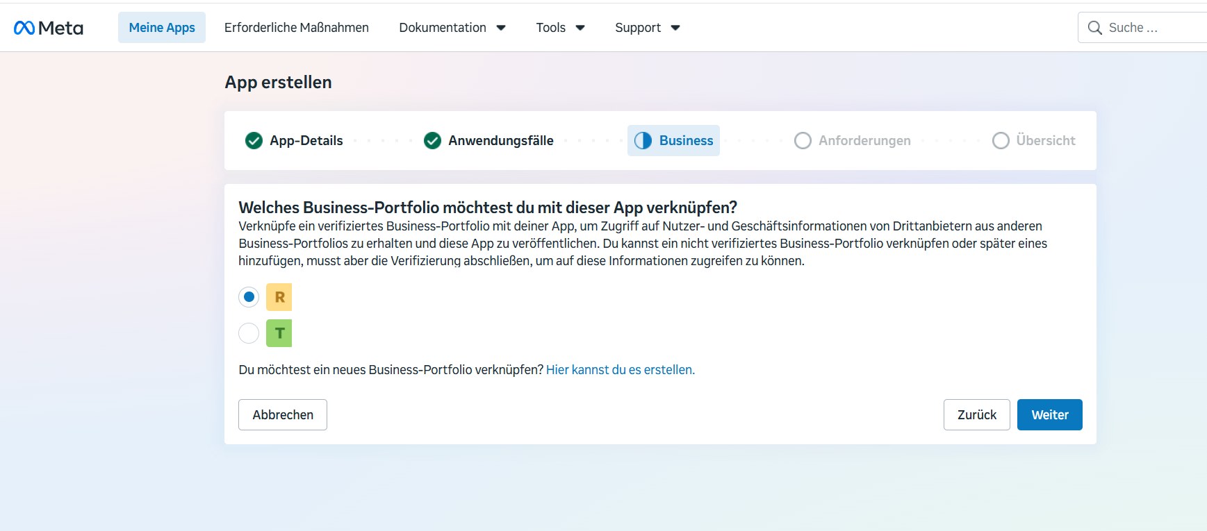 Meta-App mit dem passenden Business-Portfolio verknüpfen