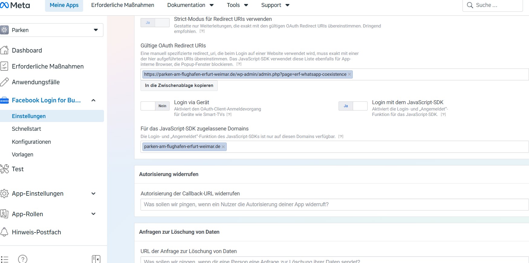 Facebook Login for Business mit JavaScript-SDK und OAuth-Einstellungen