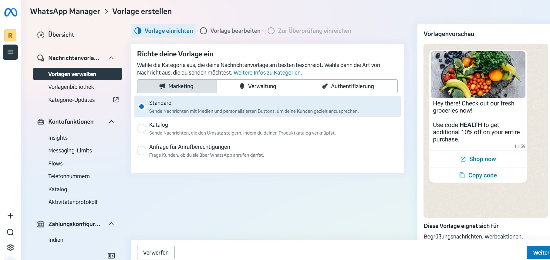 Kategorie Verwaltung für eine WhatsApp-Nachrichtenvorlage auswählen