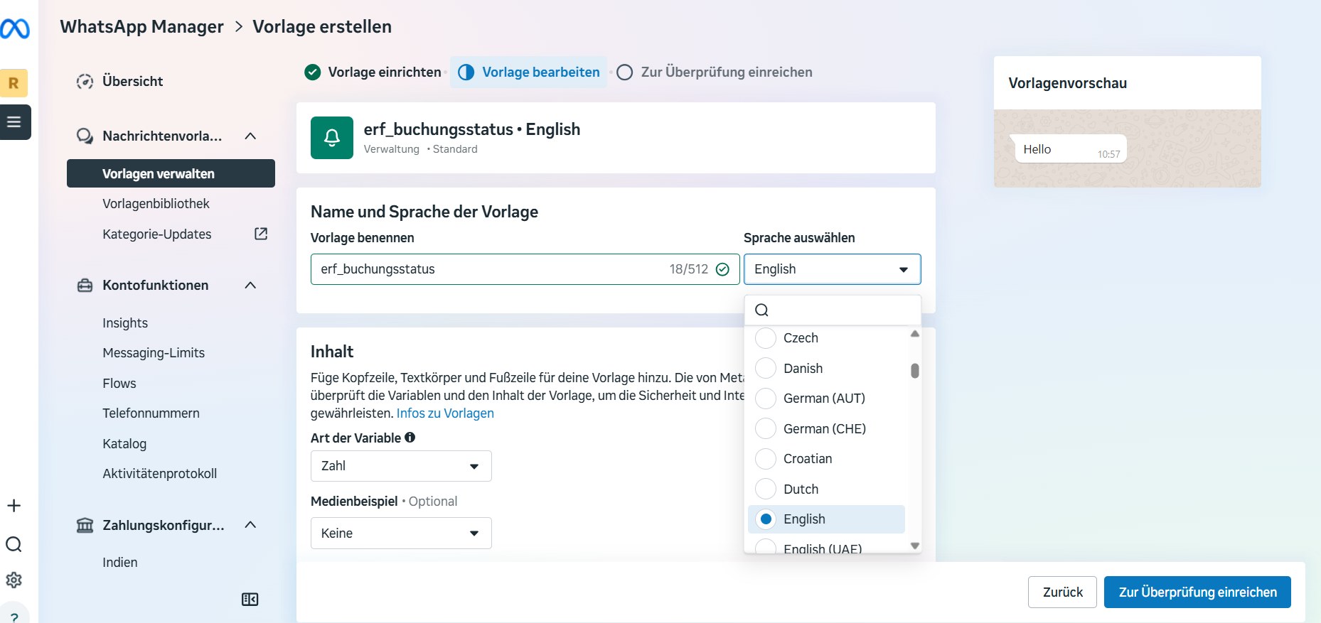 Name und Sprache einer WhatsApp-Nachrichtenvorlage festlegen