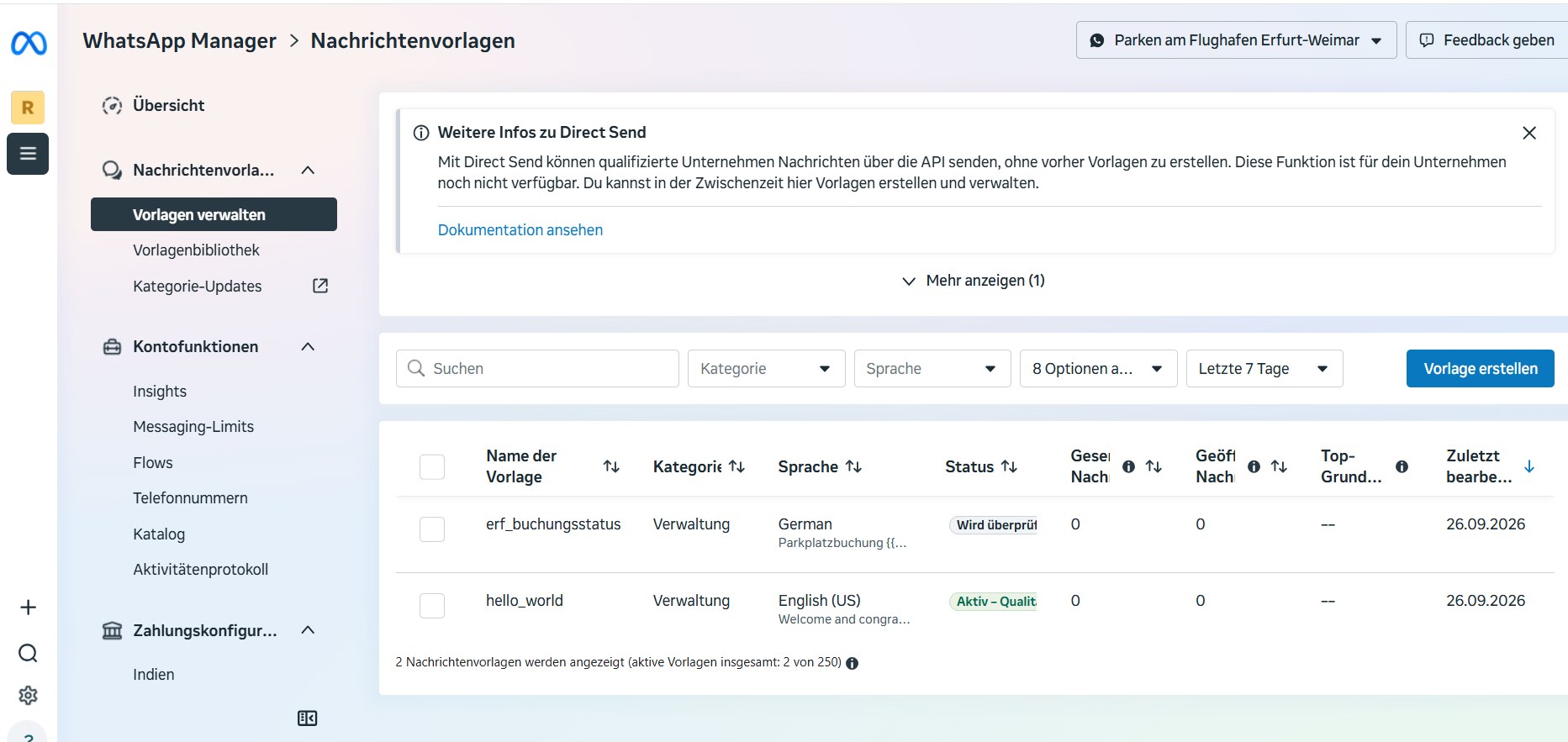 Nachrichtenvorlage erf_buchungsstatus während der Meta-Prüfung