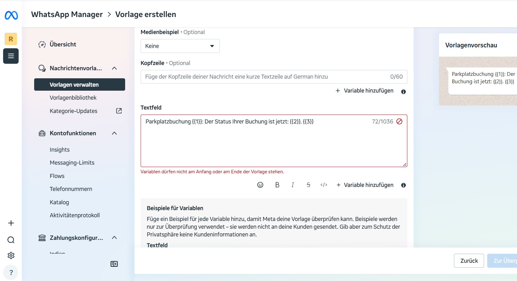 Text und Variablen der WhatsApp-Nachrichtenvorlage erf_buchungsstatus