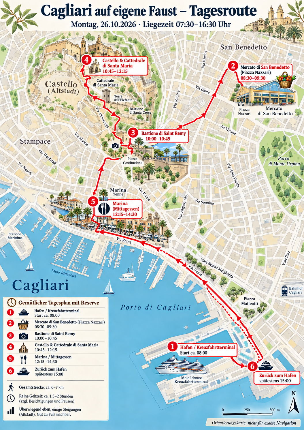 Tagesroute für Cagliari am 26. Oktober 2026 vom Kreuzfahrthafen zum Mercato di San Benedetto, Bastione di Saint Remy, Castello und zurück über die Marina.