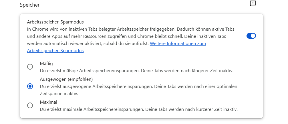 Chrome Leistungseinstellungen mit aktiviertem Arbeitsspeicher-Sparmodus