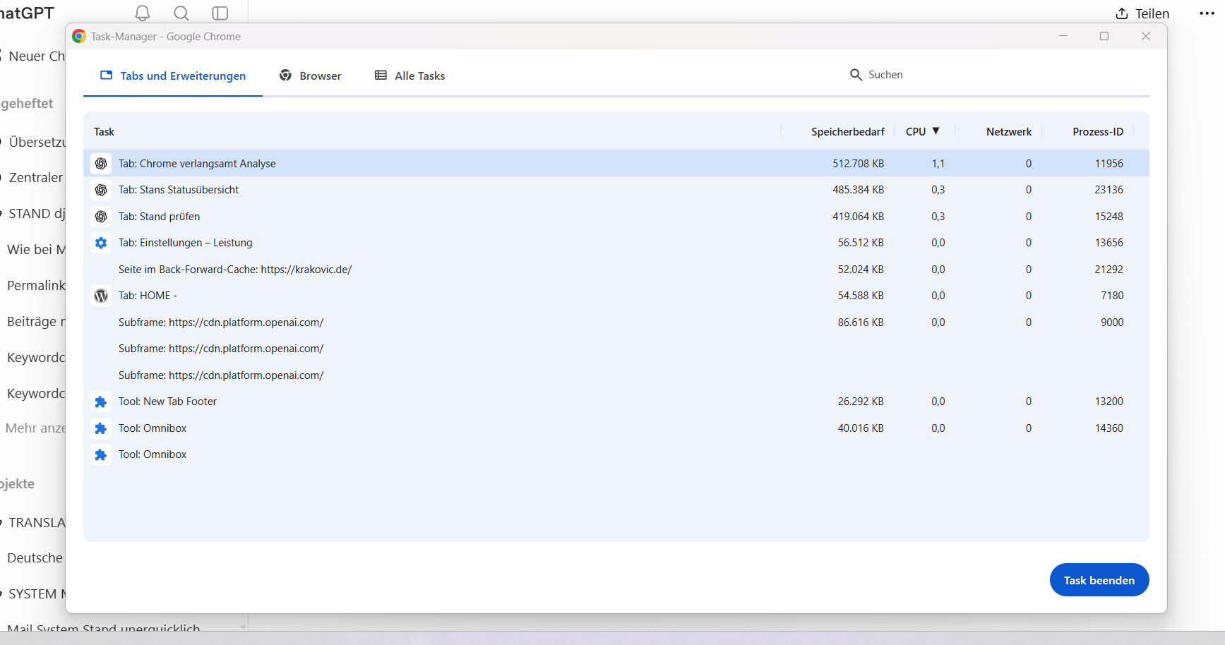 Chrome Task-Manager mit mehreren ChatGPT-Tabs und hohem Speicherbedarf