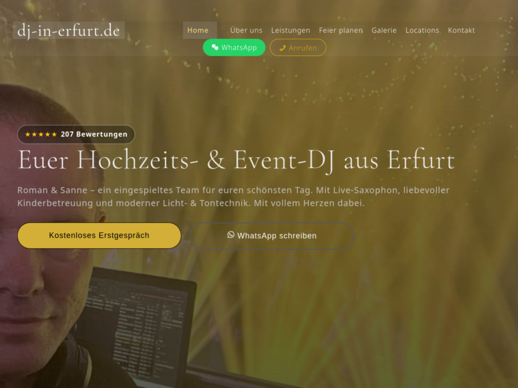 Screenshot der DJ-in-Erfurt-Startseite mit dem Hochzeits- und Event-DJ-Angebot