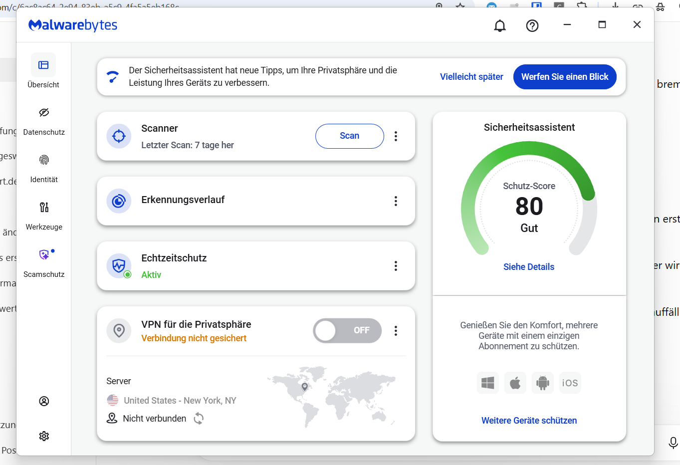 Malwarebytes Übersicht mit aktivem Echtzeitschutz