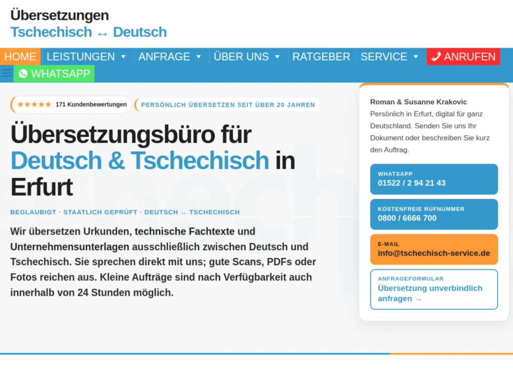Screenshot der Tschechisch-Service-Startseite mit Übersetzungsleistungen Deutsch und Tschechisch