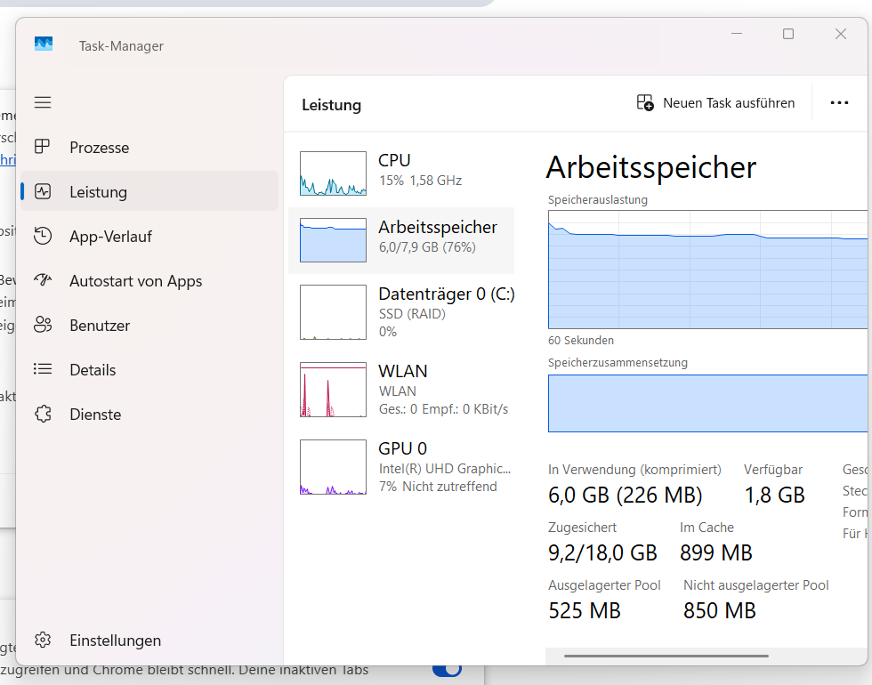 Windows Task-Manager zeigt hohe RAM-Auslastung bei 8 GB Arbeitsspeicher