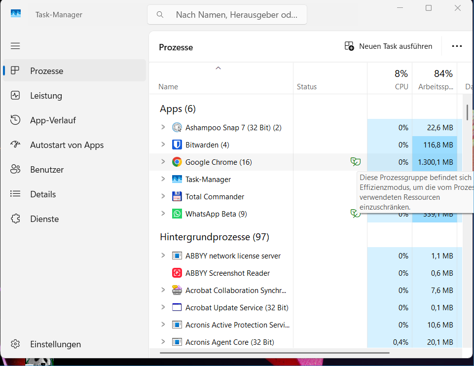 Chrome im Windows-Task-Manager mit mehreren Unterprozessen und Effizienzmodus