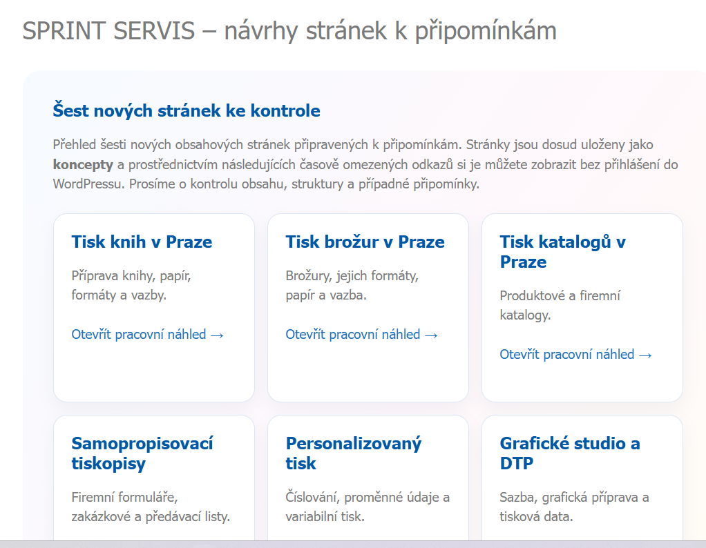 Kundenansicht einer WordPress-Linkkiste mit sechs Entwurfsseiten und anklickbaren Vorschau-Links